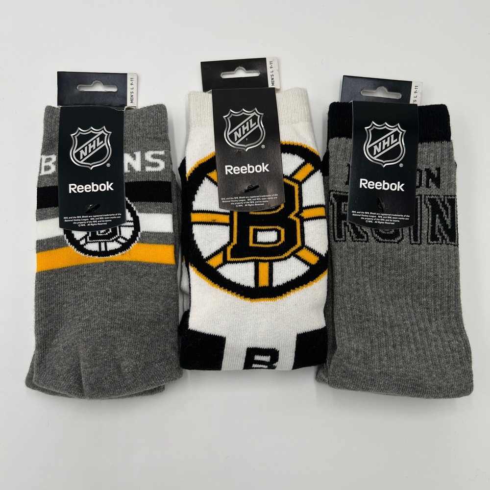 Reebok Boston Bruins NHL Mens L 9-11 Crew Socks‎ 3 Pack Black Gold White